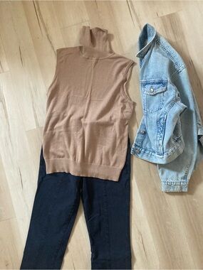 Tan turtleneck sleeveless sweater